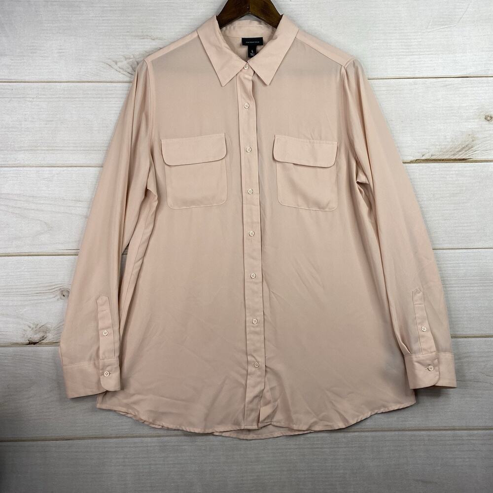 Who What Wear Womens Blouse Sz L Peachy Pink Button Up Flowy Long Sleeve Career